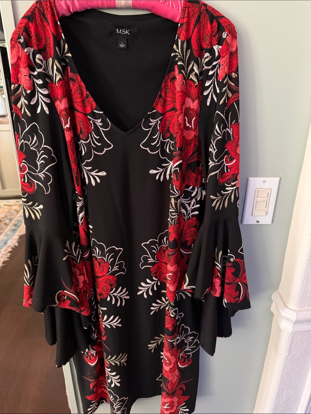 MSK Black Dress with Red and White Floral Accents, flowy fabric, flared sleeves